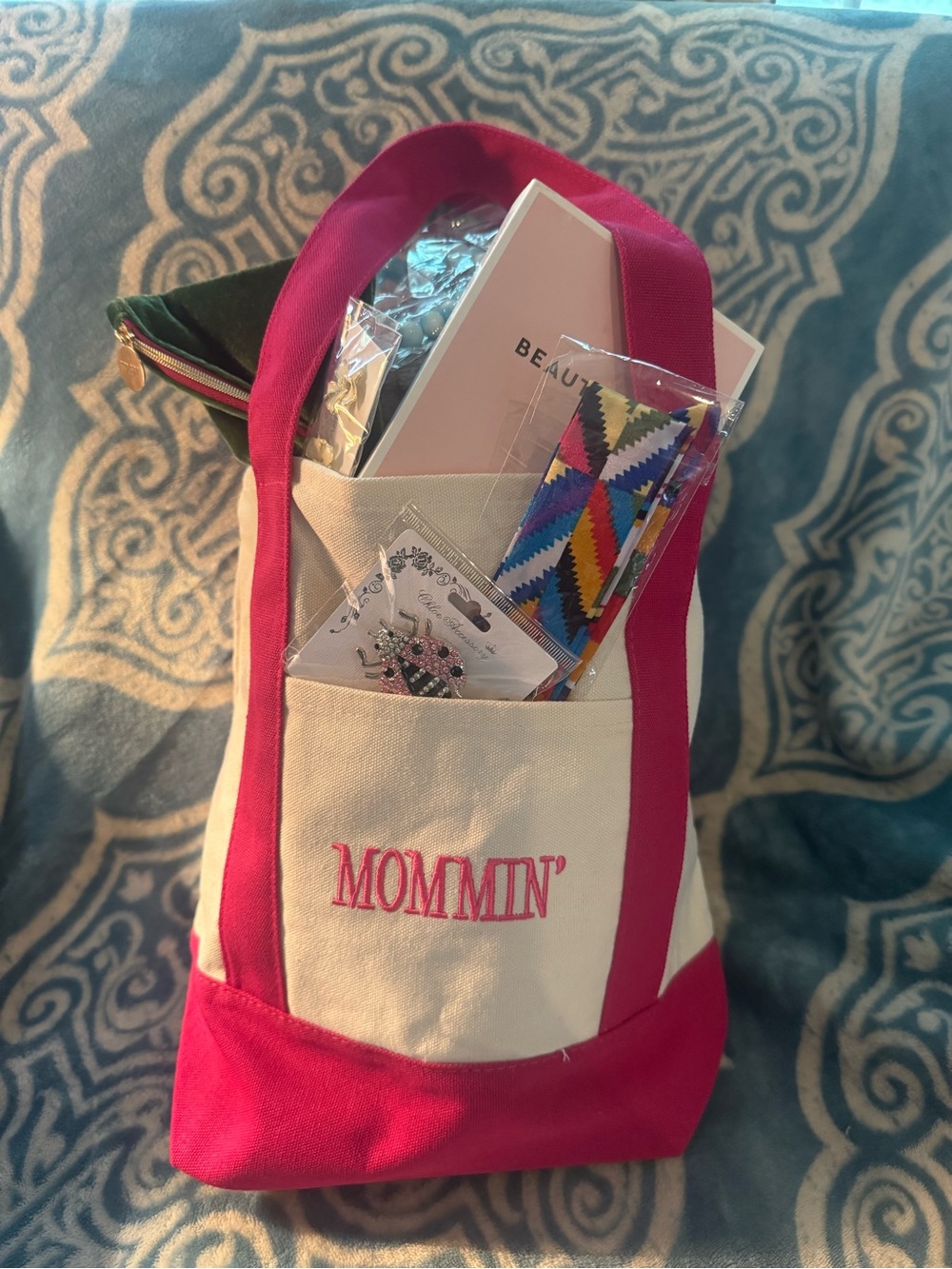 Mommin' Cream & Hot Pink Canvas Tote Gift Set